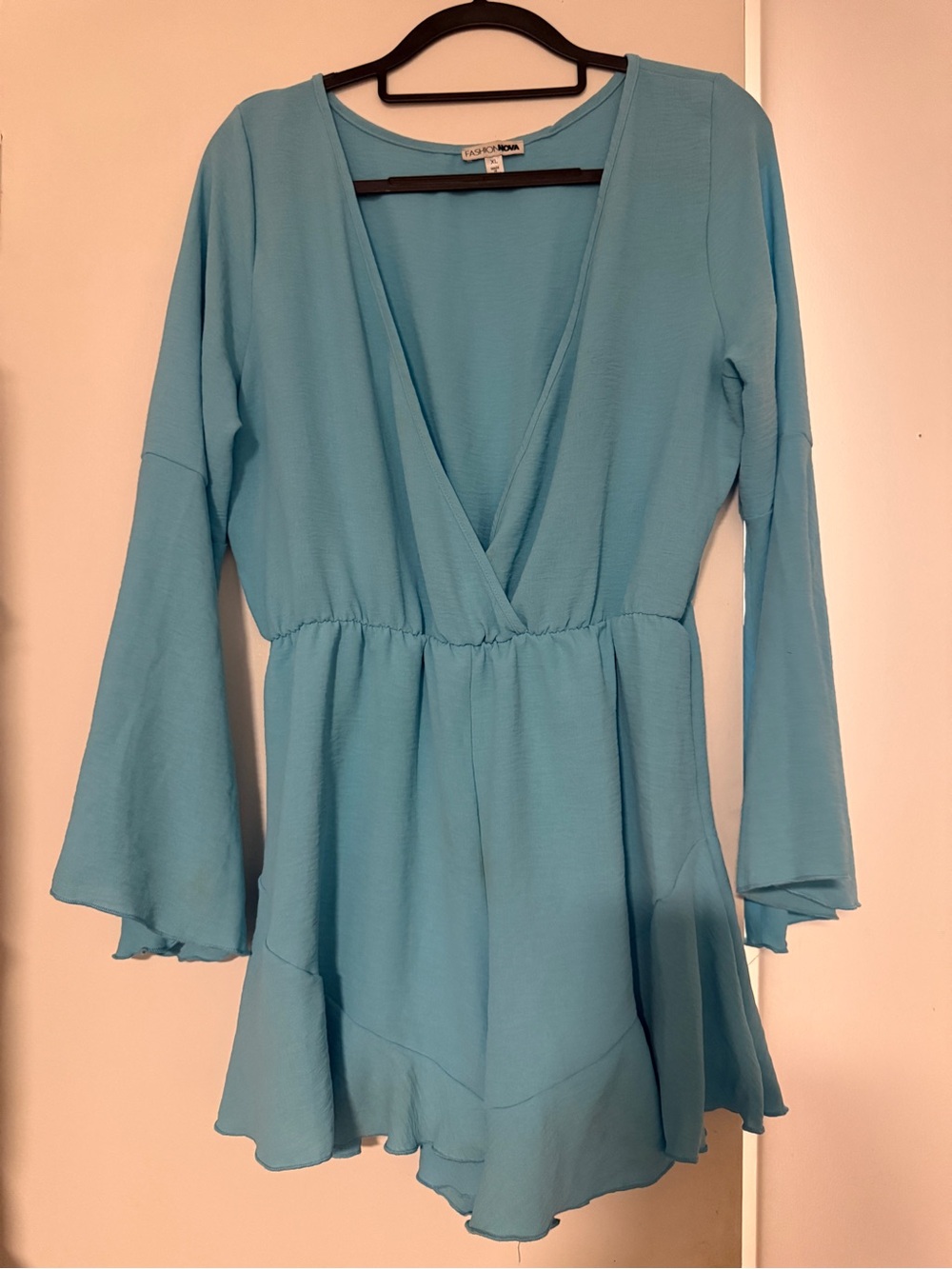 Fashion Nova Light Blue Long Sleeve Wrap Dress